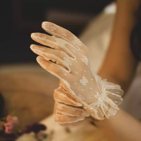 White Bridal Lace Gloves – Floral Ruffled Cuff Wedding Gloves